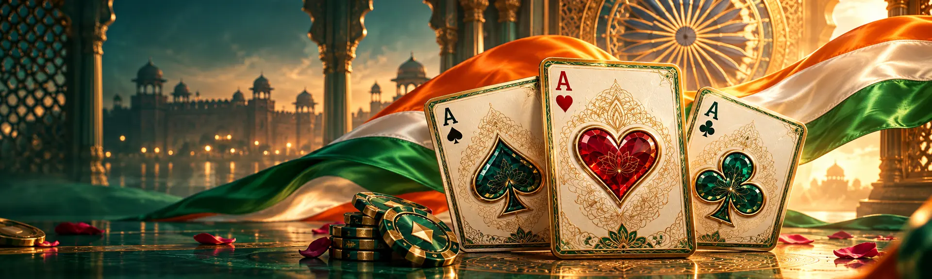 Ornate Teen Patti cards with the Indian tricolor and Ashoka Chakra