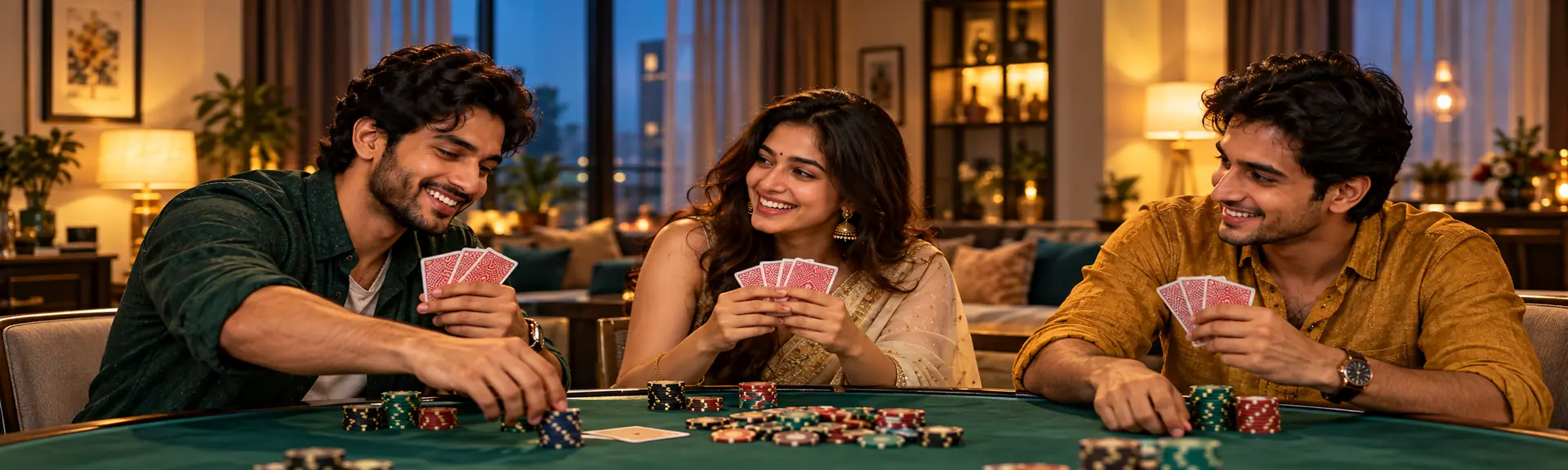 Three Indian friends naturally playing Teen Patti together at home